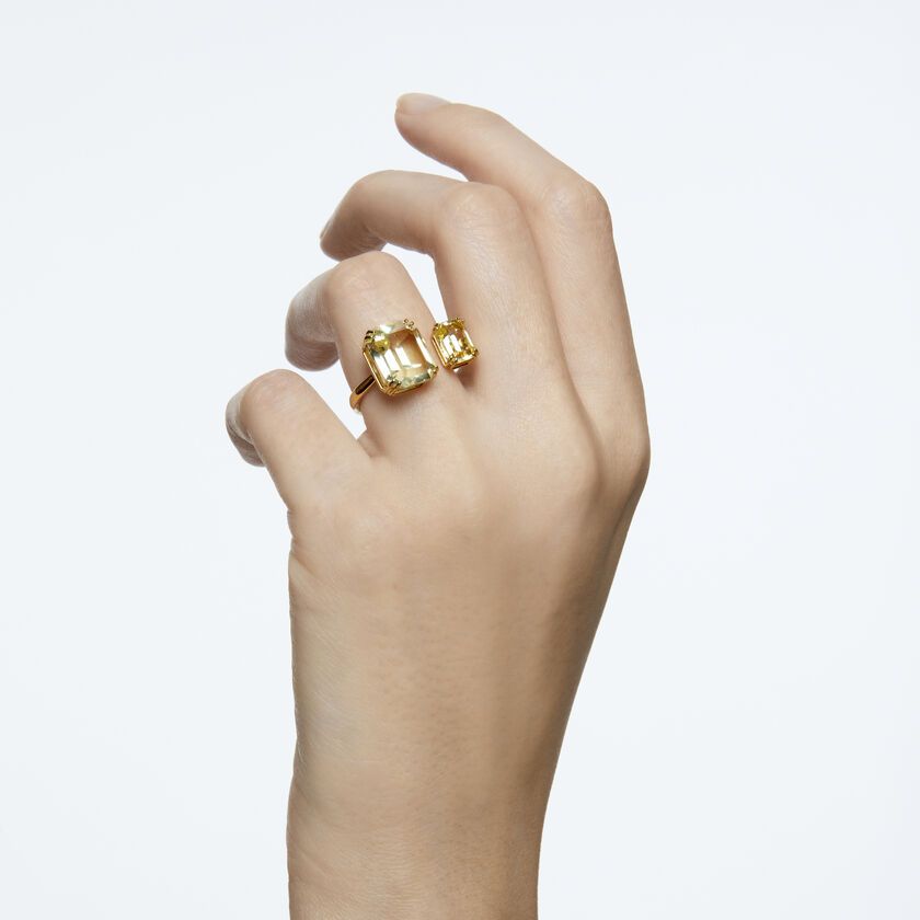 Millenia cocktail ring, Square cut crystals, Yellow, Gold-tone plated